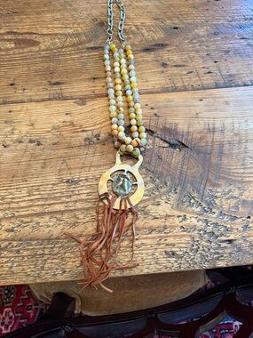 Bohemian Yellow Beaded Pendant Necklace with Fringe love birds
